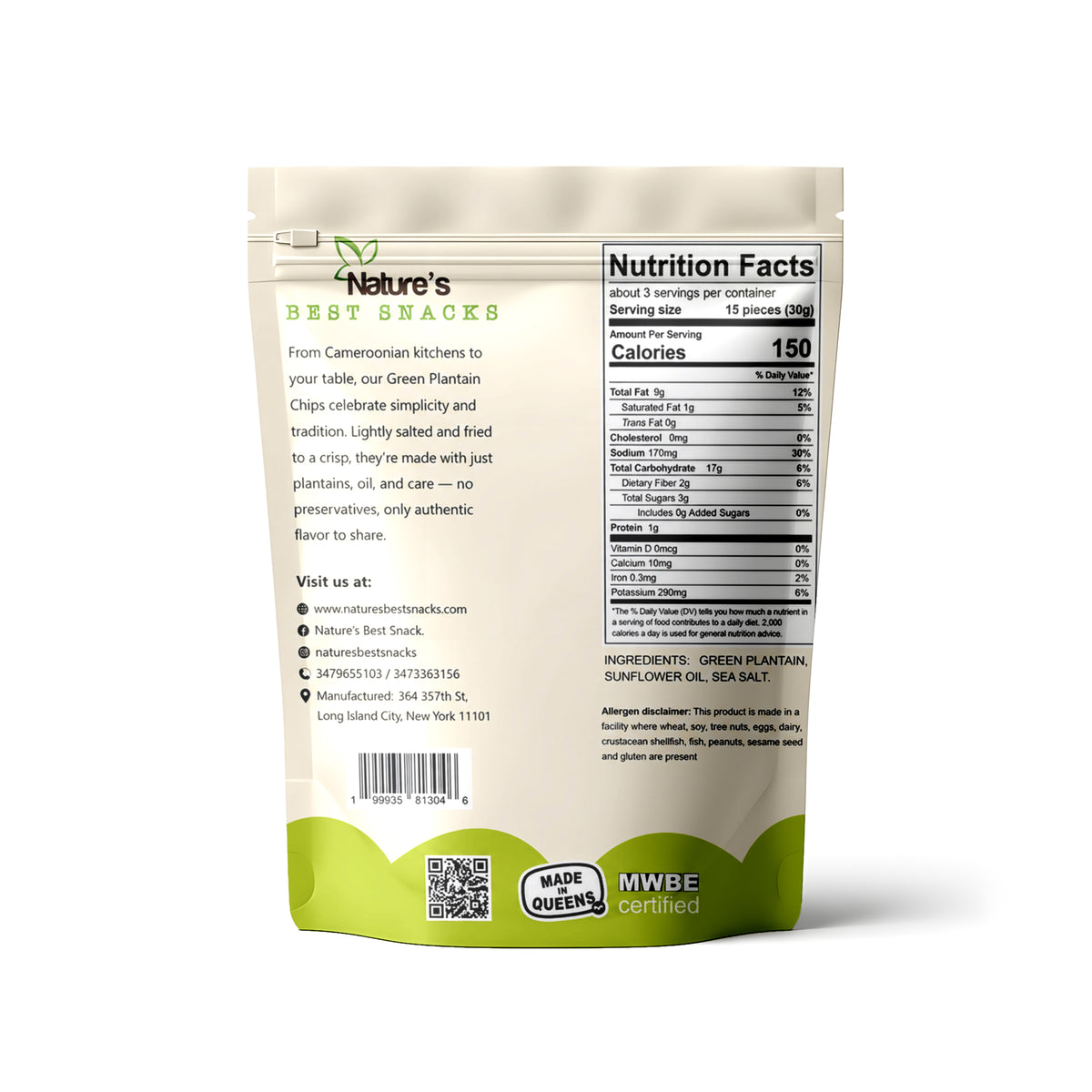 Crunchy Green Plantain Chips (Lightly Salted) (3 .5 oz) (PACK OF 6) Nature's Best Snacks.