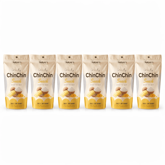 Grab and Go Chin-Chin 3 oz PACK OF 6 displayed in a line of stylish snack bags.
